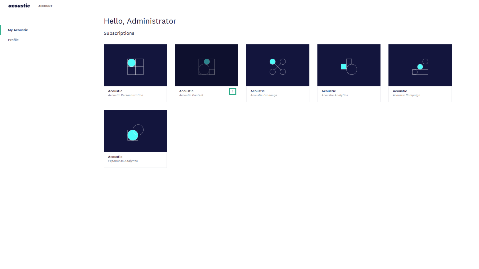 Screenshot of the UI showing the My Acoustic dashboard with all the product cards.